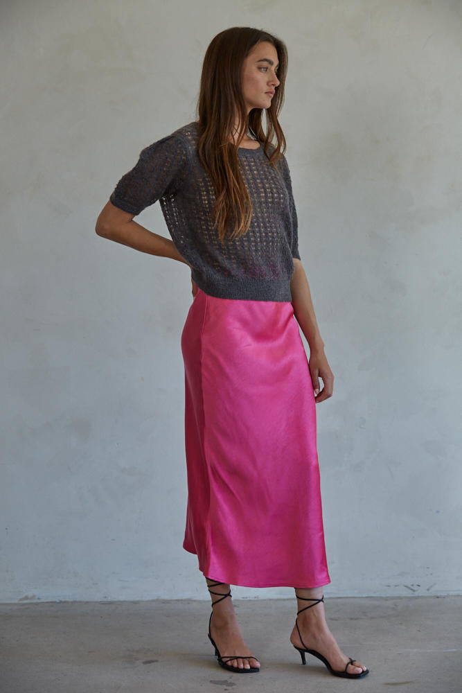 Hot pink satin midi skirt hotsell