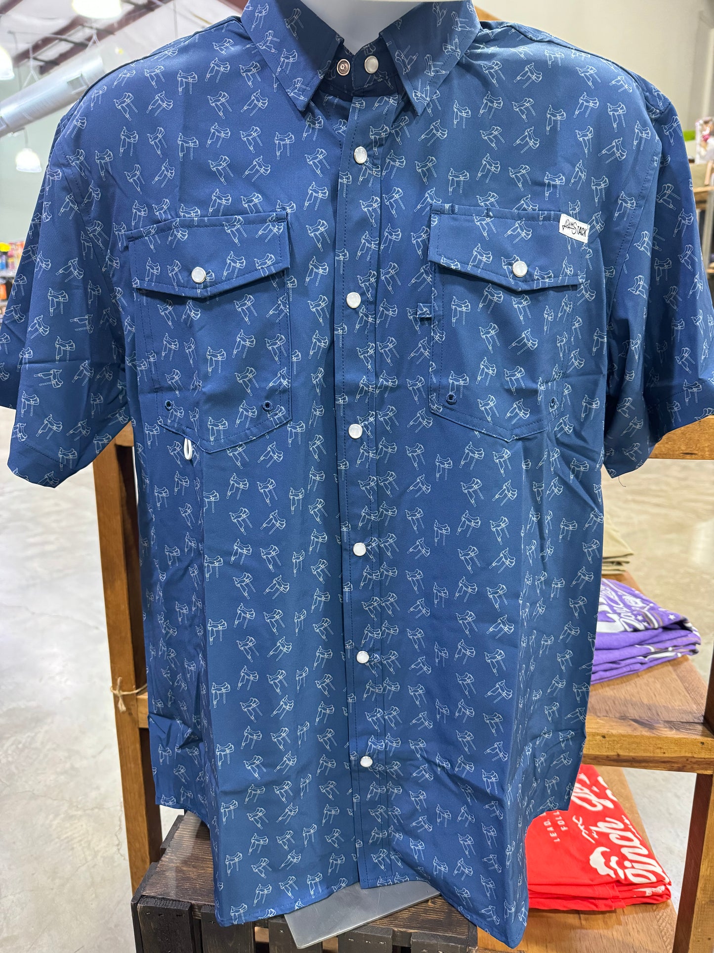 Navy Saddles SS Pearl Snap Fishing Shirt