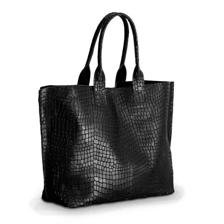 Black Oversized Croc Leather Tote Bag