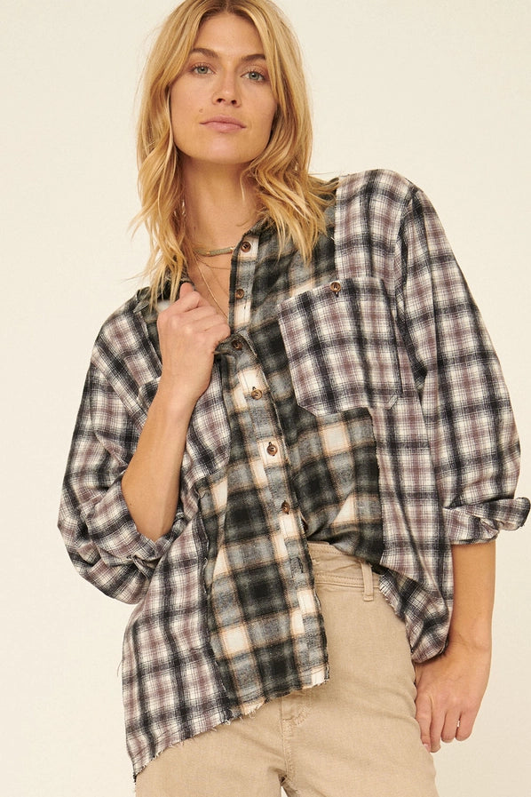 Woven Contrast Plaid Front Pocket Button Shirt