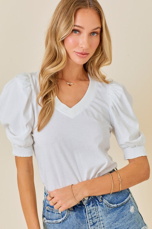 PUFF SLEEVE V-NECK TSHIRT TOP