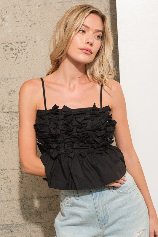 Exaggerated Ribbon Bow Crop Peplum Cami Tank- Black