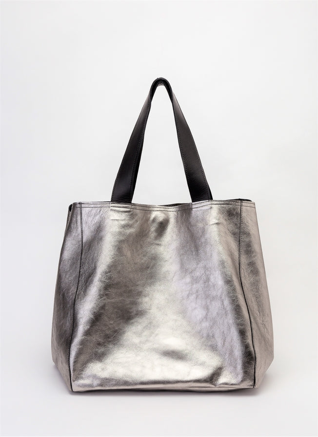 Extra Large Silver Leather Tote Bag