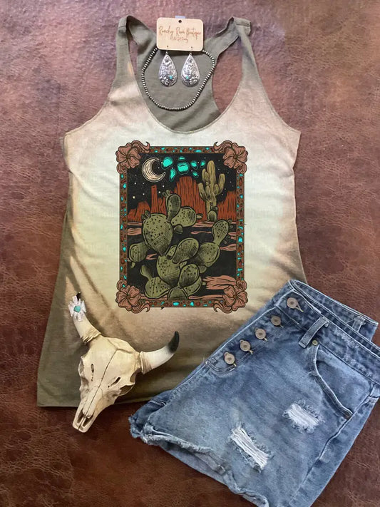 Tooled Leather Cactus Scene Racerback Tank