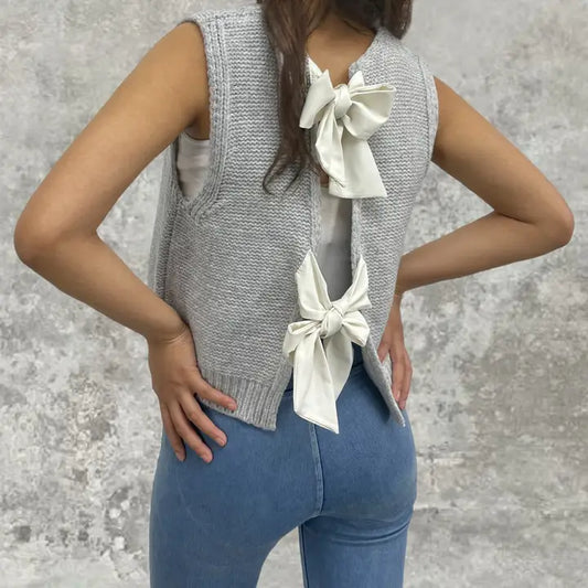 Gray Satin Ribbon Bow Tied Back Lace Up Knit Vest