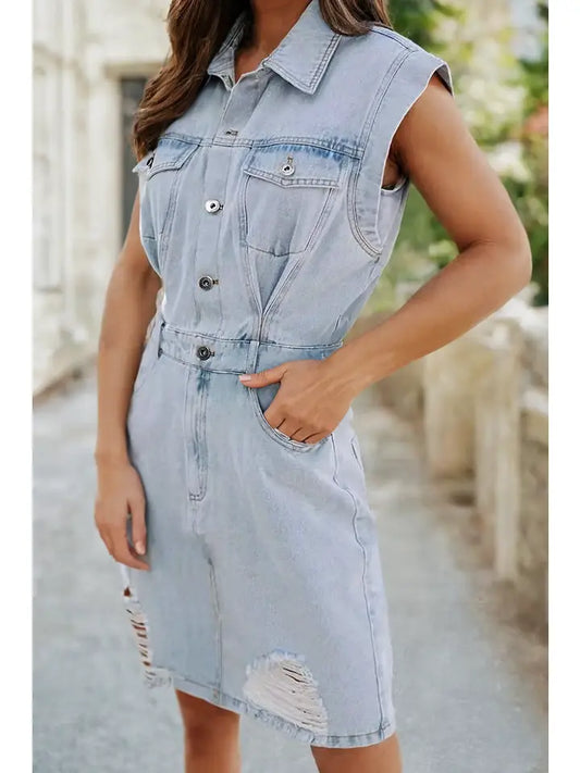 Acid Wash Flap Pockets Frayed Denim Dress