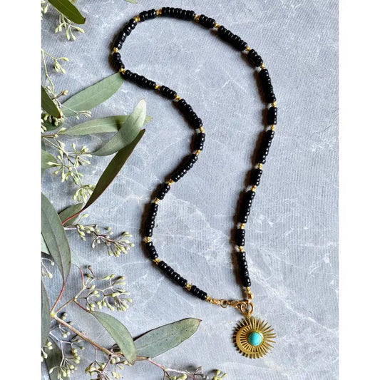 Crescent Moon Black Bead Necklace 24"