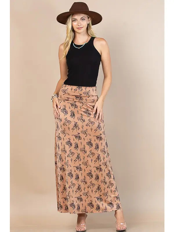 Western Bucking Horses Print Knit Maxi Skirt