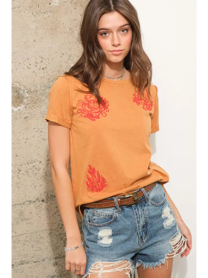 Floral Western Embroidered Graphic T Shirt