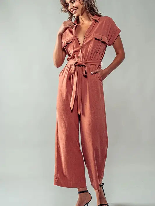 Refine Linen Jumpsuit - Self Tie Waist Belt