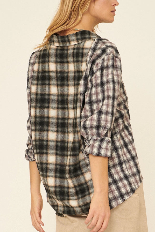 Woven Contrast Plaid Front Pocket Button Shirt