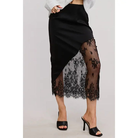 Asymmetrical Satin Lace Contrast Midi Skirt