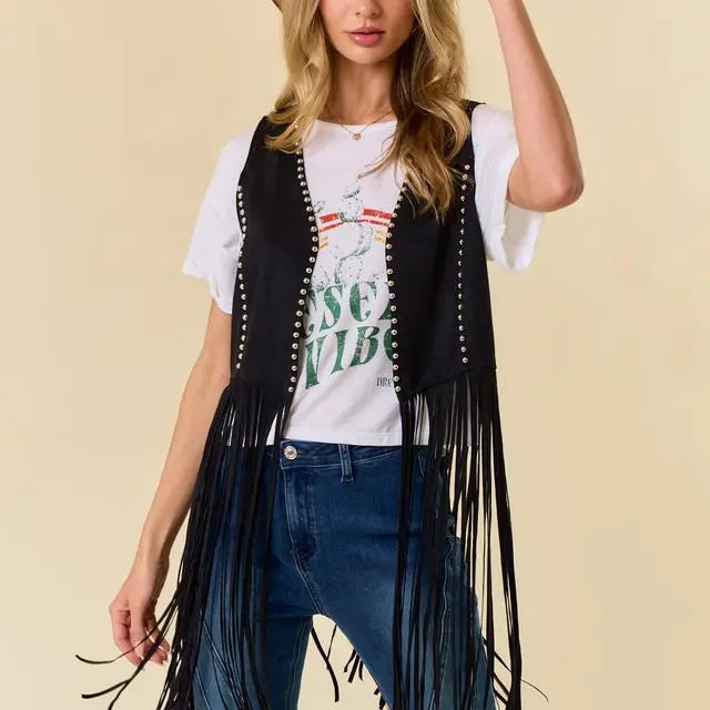 Black Studed Long Fringe Faux Suede