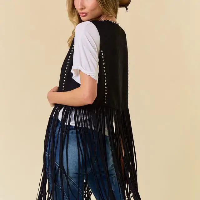 Black Studed Long Fringe Faux Suede