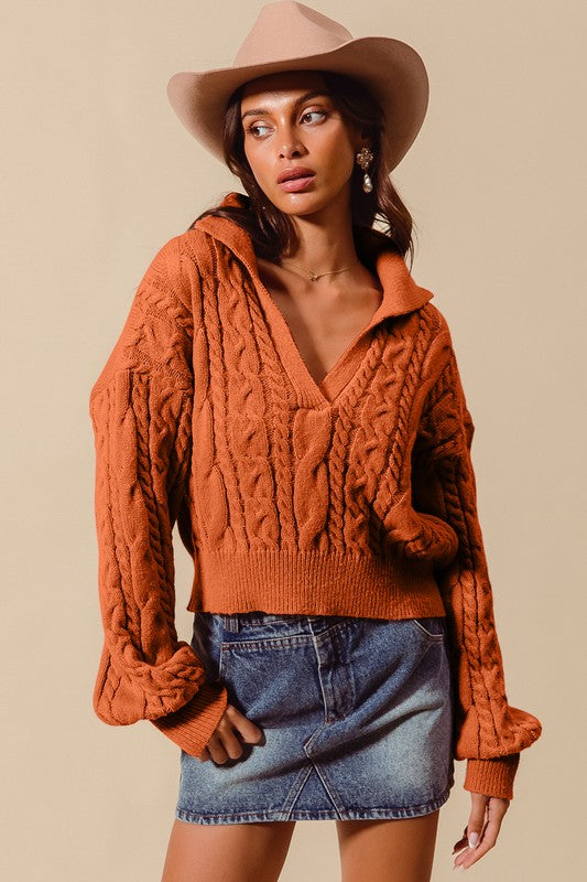 CABLE KNIT DEEP V NECK CROP SWETAER TOP