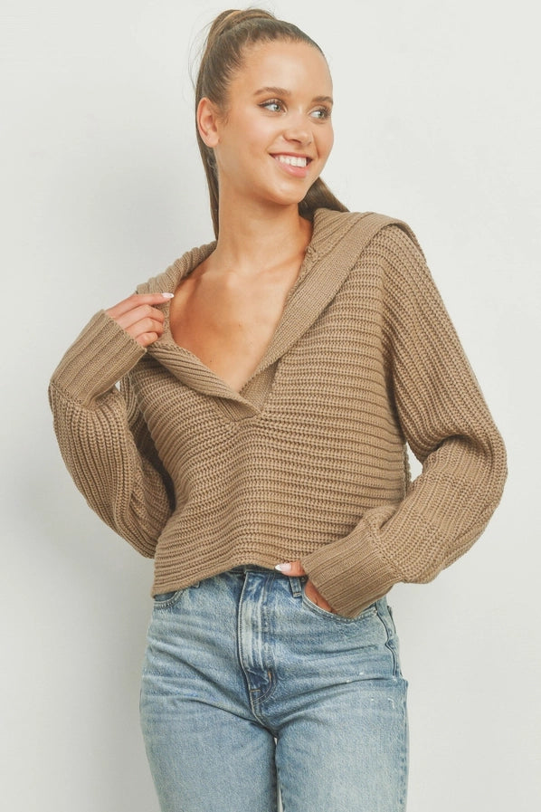 Drama Collar V Neck Sweater Taupe