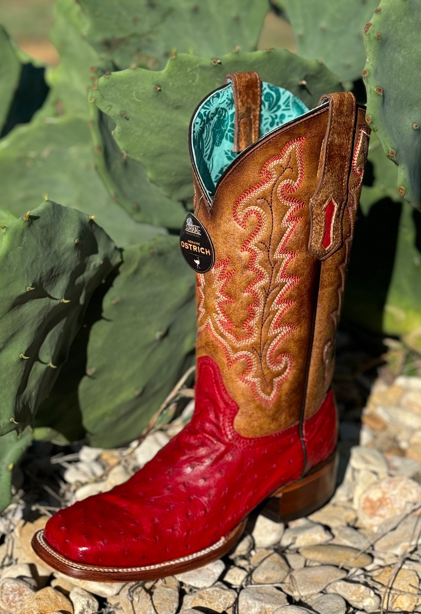 Ladies Red/Sand Ostrich Square Toe Boot