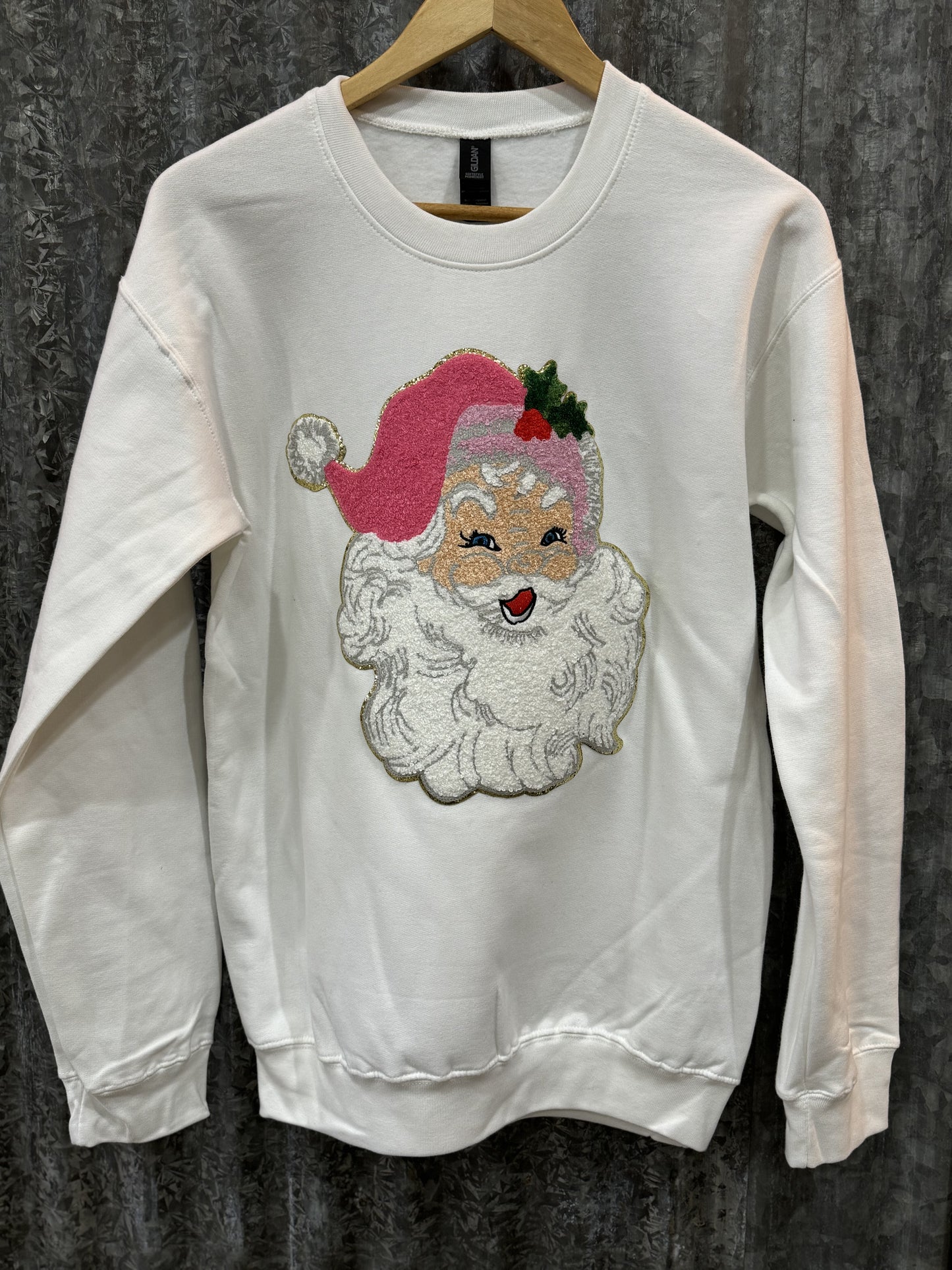 Chenille Patch Santa on White Sweatshirt