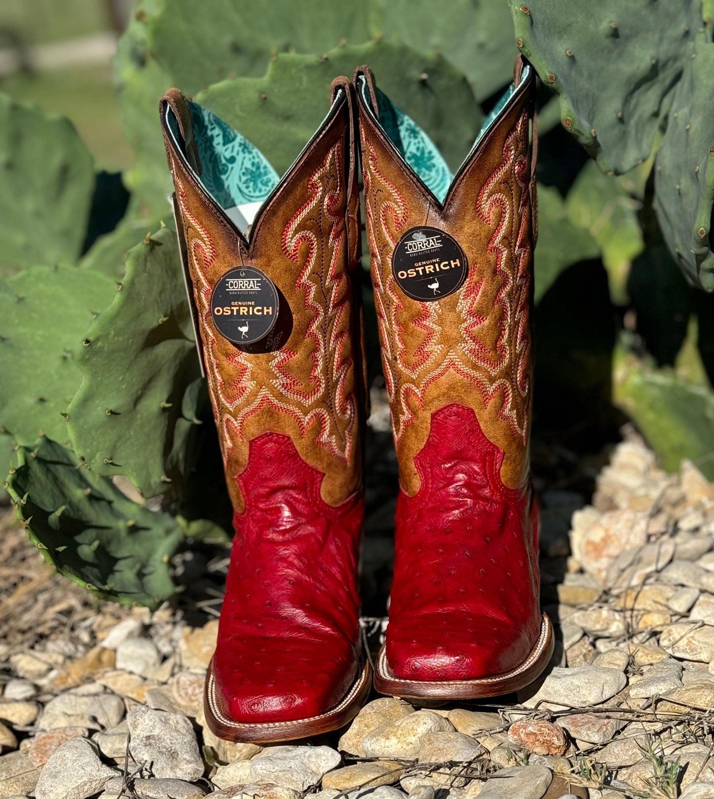 Ladies Red/Sand Ostrich Square Toe Boot