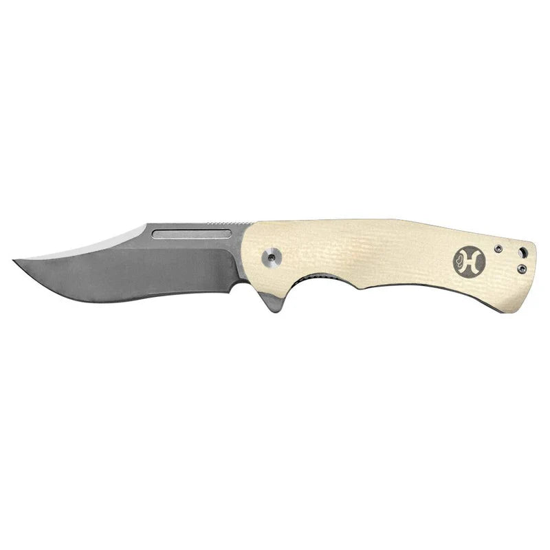 "WHITE G10 CLIP POINT FLIPPER" HOOEY KNIFE