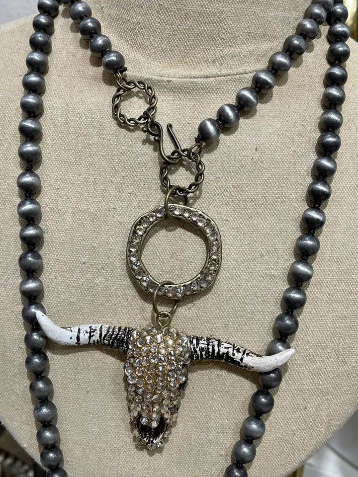 Hand Crystalled Cowskull On Navajo Pearl Inspired Knotted Necklace