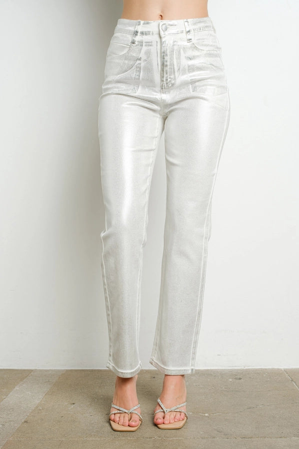 High Rise Metallic Foil Stretch Denim Pants