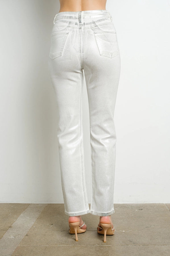 High Rise Metallic Foil Stretch Denim Pants