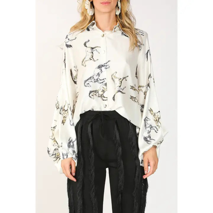 Horse Printed Satin Blouse O/S