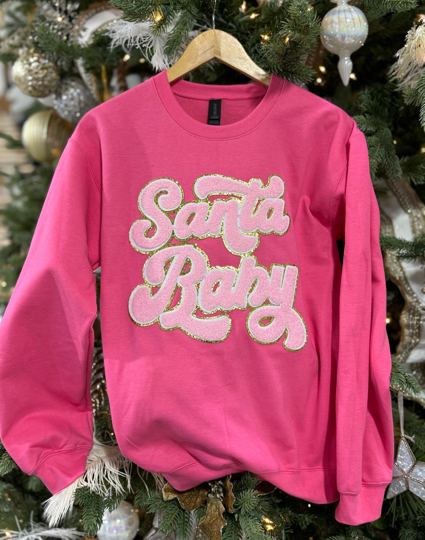 Santa Baby Pink Chenille Patch Sweatshirt