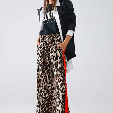 Leopard Straight Pants with Red Stripes Down the Sides