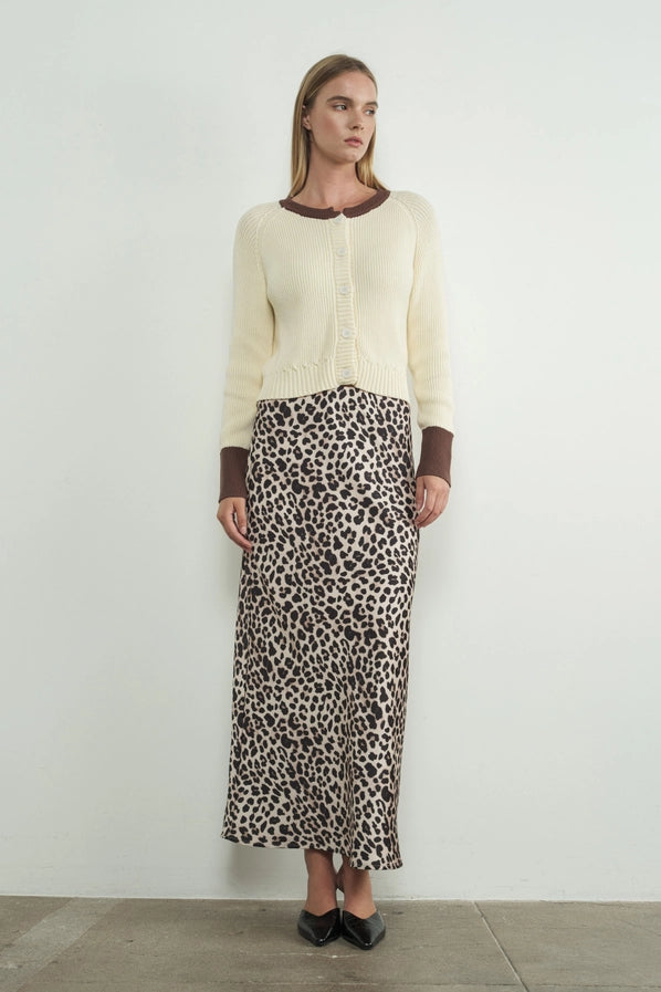 Leopard Satin Effect Midi Skirts with Lining