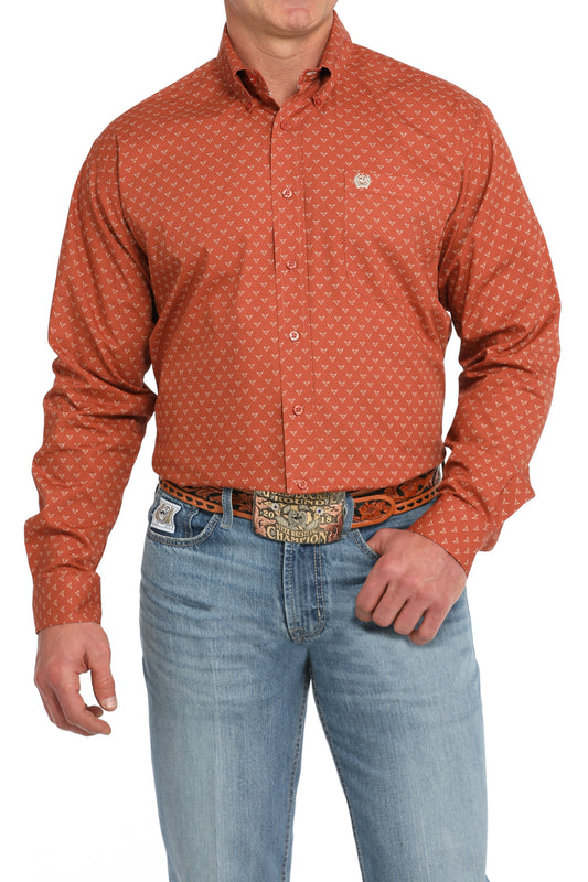 Men's Steer Print Button-Down Western Shirt - Orange