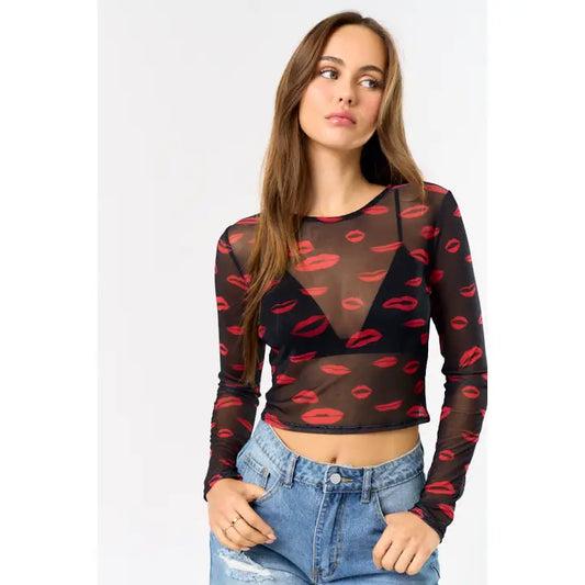 Mesh Lip Print Long Sleeve Crop Top