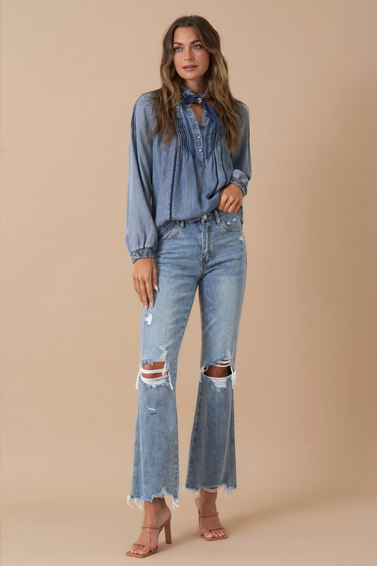 Mid Rise Crop Flare Denim