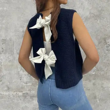 Navy Satin Ribbon Bow Tied Back Lace Up Knit Vest