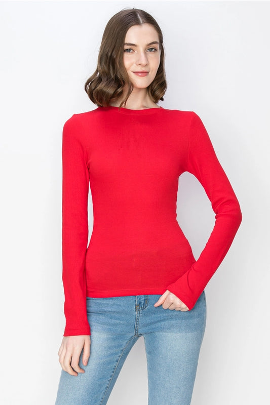 Solid Color Ribbed Cotton Spandex Crew Neck Long Sleeve Tee