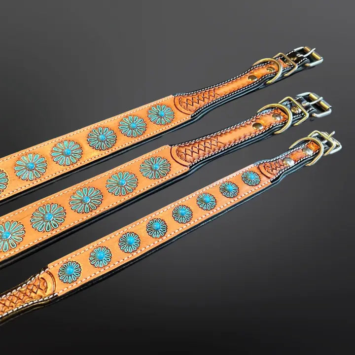 Western Dog Collar - Beaded Blue Flower