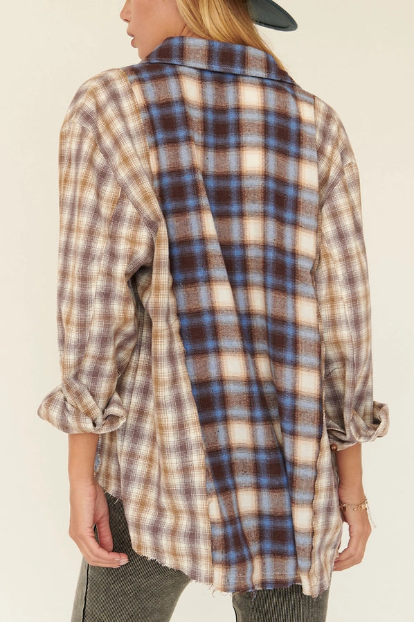 Cream/Brown Woven Contrast Plaid Front Pocket Button Shirt