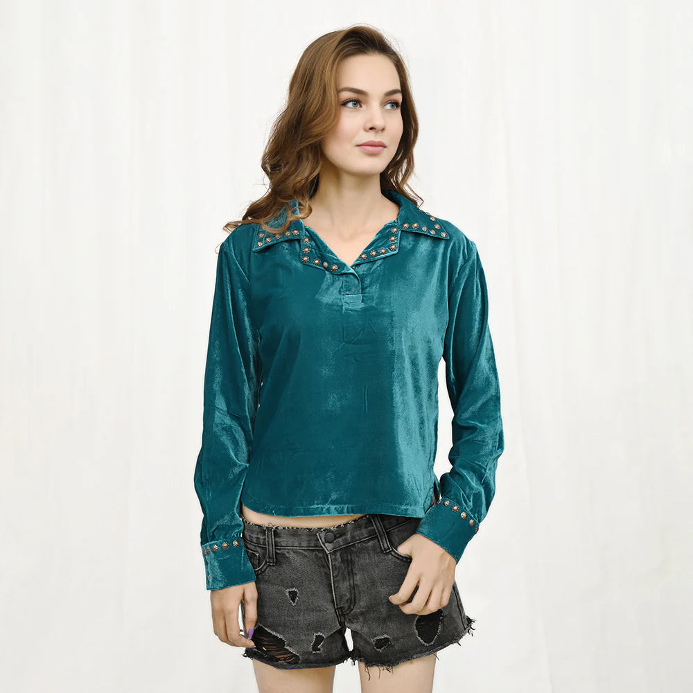 Velvet Women Shirt W/ Vintage Rivets and Studs