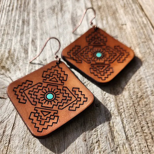 "Jacy" Handmade Tooled Leather Aztec Diamond Earring