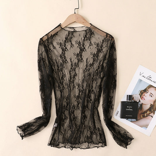 Semi Sheer Mesh Floral Lace Layering See Through Top