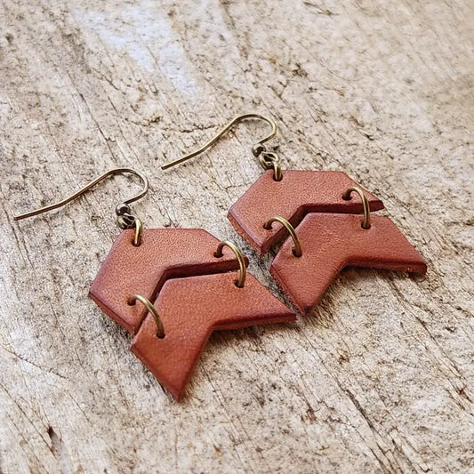 "Rey" Distressed Leather Chevron Earrings