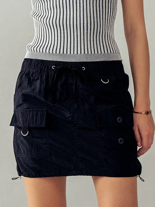 Black Drawstring Front Pocket Mini Skirt