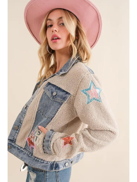 Teddy Denim Contrast Yee Haw Sequin Star Jacket