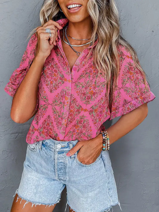 Multicolor Floral Print Short Sleeve Loose Blouse