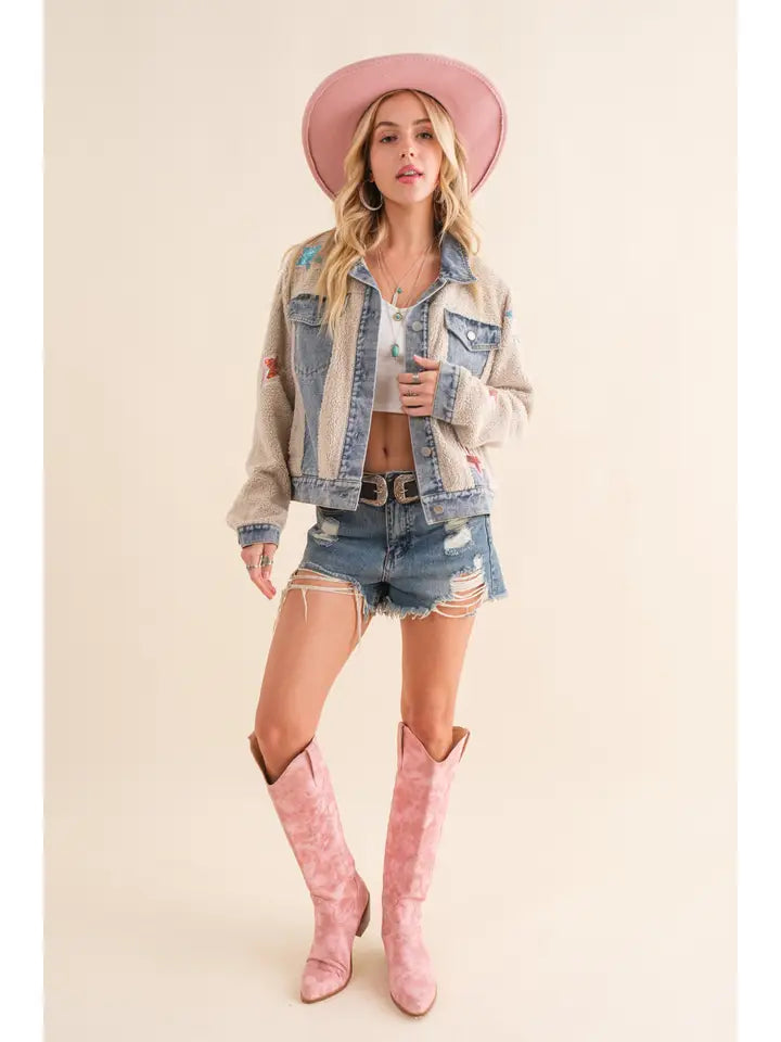 Teddy Denim Contrast Yee Haw Sequin Star Jacket