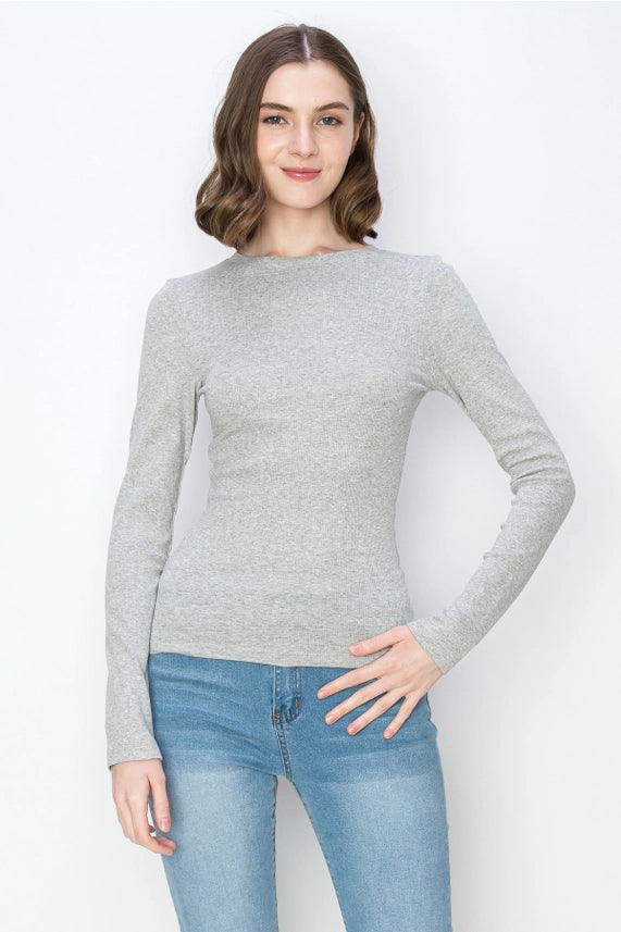 Solid Color Ribbed Cotton Spandex Crew Neck Long Sleeve Tee