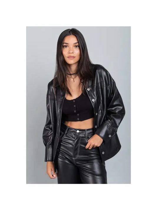 Faux Leather Oversized Casual Shacket Jacket Blazer