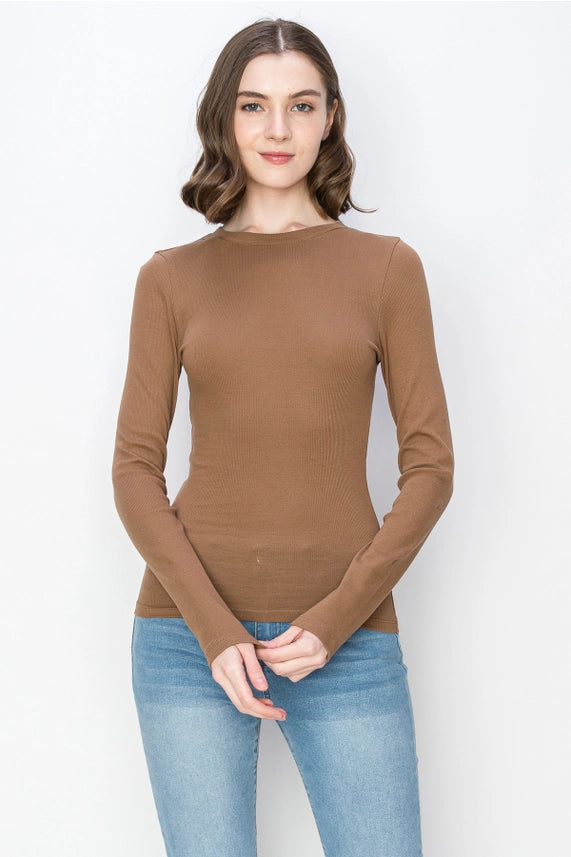 Solid Color Ribbed Cotton Spandex Crew Neck Long Sleeve Tee