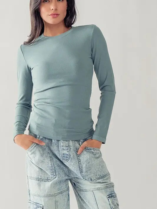 Smokey Blue Solid Knit Casual Long Sleeve Top